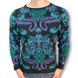 Liz Thomas Vintage Green and Black Crewneck Abstract Sweater with Ornate Design